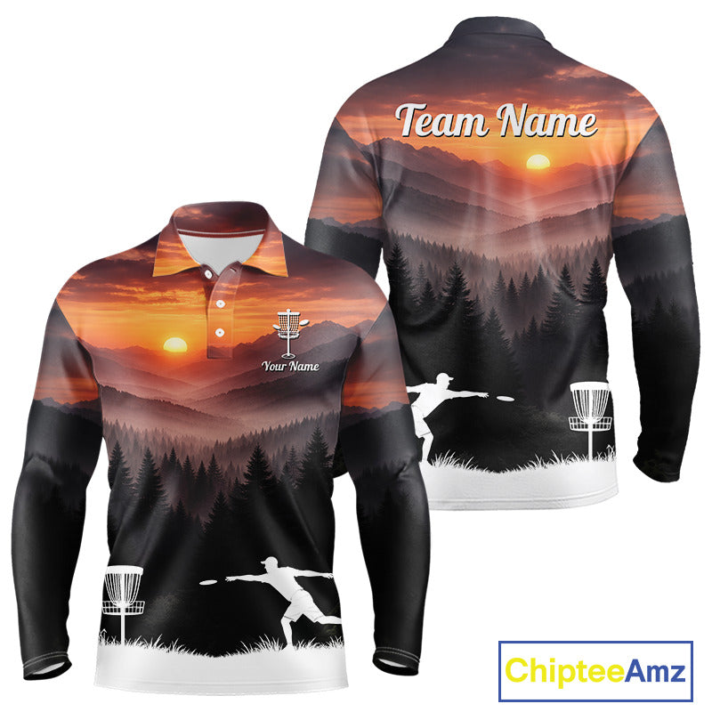 Mens Disc Golf Shirts Custom Mountain Sunset Polo, Lightweight Performance Wear Team Disc Golf Apparel NHT802
