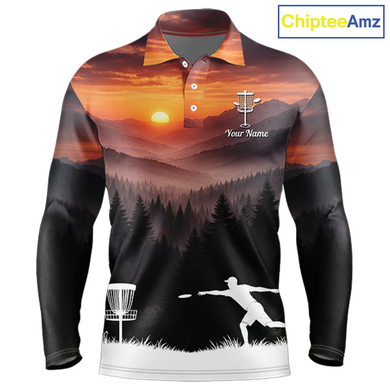 Mens Disc Golf Shirts Custom Mountain Sunset Polo, Lightweight Performance Wear Team Disc Golf Apparel NHT802
