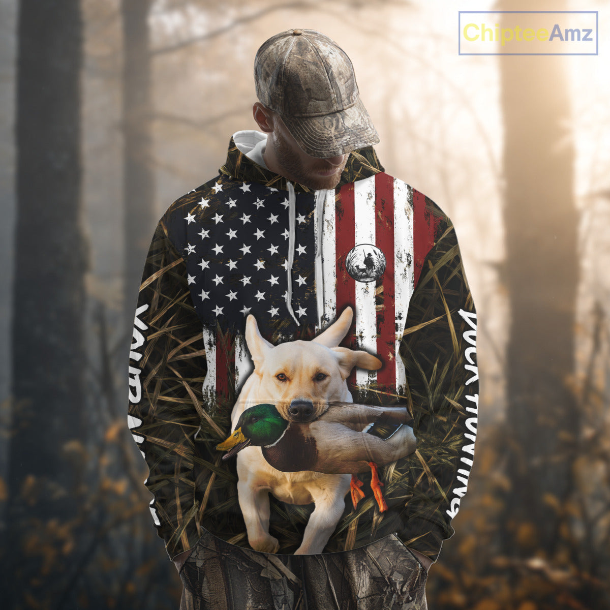 Mallard Duck Hunting Shirt Personalized Camo With Dog Yellow Lab US Flag Hunting Clothes NHT166