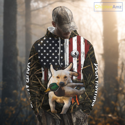 Mallard Duck Hunting Shirt Personalized Camo With Dog Yellow Lab US Flag Hunting Clothes NHT166