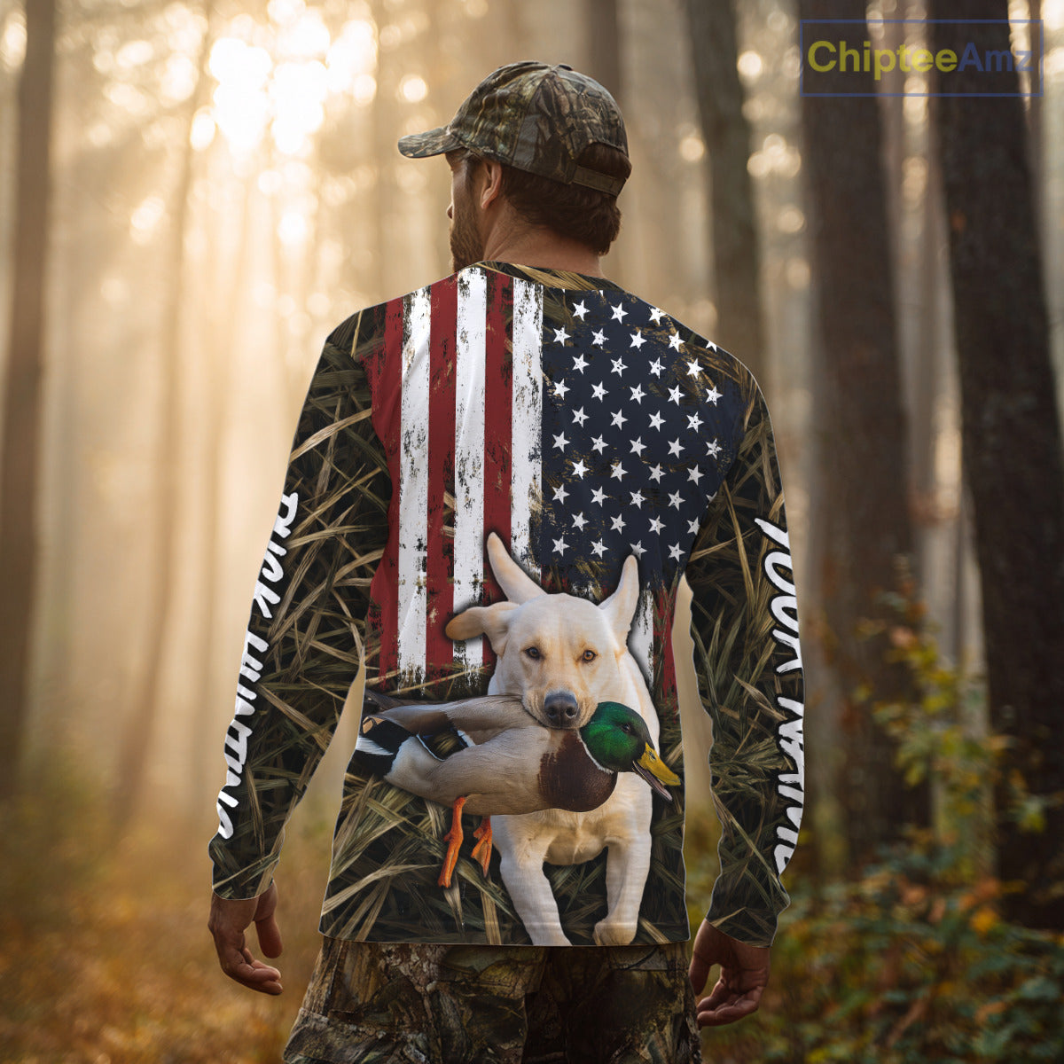 Mallard Duck Hunting Shirt Personalized Camo With Dog Yellow Lab US Flag Hunting Clothes NHT166