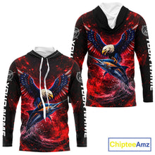 Load image into Gallery viewer, Patriotic Eagle Marlin Fishing Shirt Long Sleeve Hooded, Performance Fishing Shirt NHT428