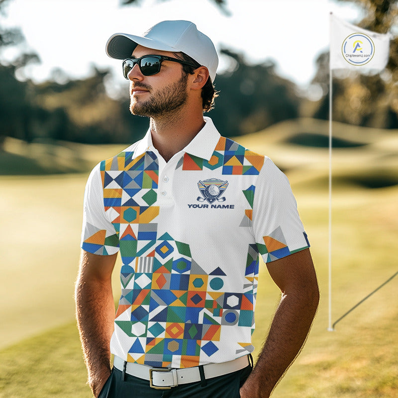 Colorful Geometric Custom Mens Golf Polo Shirts, Golf Jerseys For Golfer NHT840