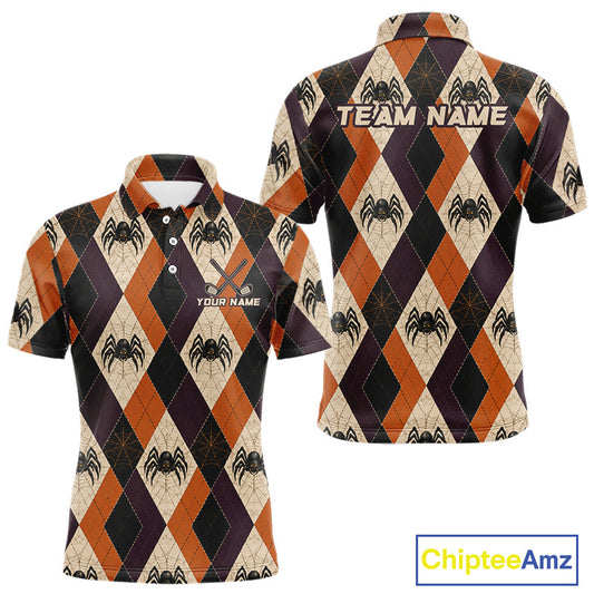 Front and back views of a short-sleeve polo shirt featuring a Halloween-themed argyle pattern with black spiders on a beige, orange, and dark purple background. The front has a button placket and a chest graphic reading 'YOUR NAME', while the back displays 'TEAM NAME' above a matching spider motif.