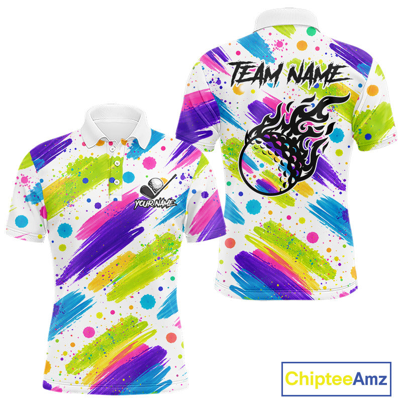 Personalized Colorful Paint Stroke Mens Golf Polo Shirt Flaming Golf Ball Custom Best Team Golf Shirts NHT624