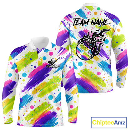 Personalized Colorful Paint Stroke Mens Golf Polo Shirt Flaming Golf Ball Custom Best Team Golf Shirts NHT624