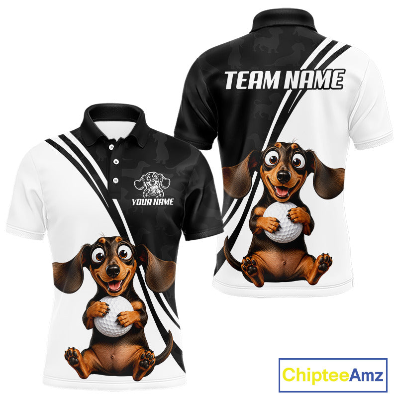 Front and back views of a custom polo shirt featuring a cartoon dachshund holding a golf ball. The front is white with black diagonal stripes, a dog graphic, and 'YOUR NAME' text.