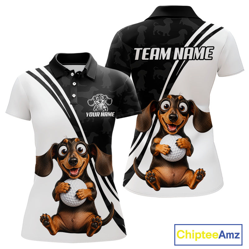 A custom short-sleeve polo shirt shown from both front and back. The shirt features a white and black diagonal stripe design, a cartoon dachshund holding a golf ball on the front, and a matching dachshund graphic with 'TEAM NAME' and 'YOUR NAME' placeholders on the back.