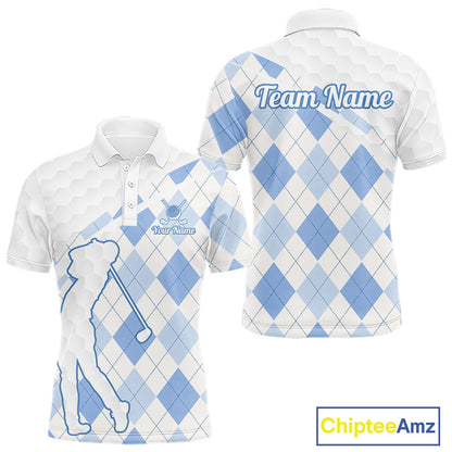 Personalized Blue White Argyle Plaid Pattern Mens Golf Polo Shirts, Blue Golf Tops For Mens NHT674