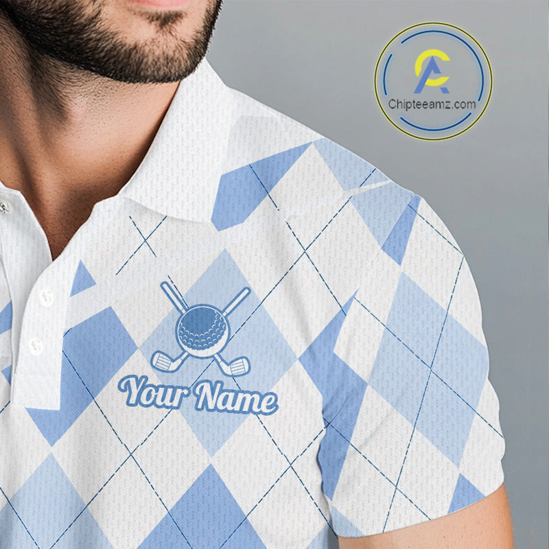 Personalized Blue White Argyle Plaid Pattern Mens Golf Polo Shirts, Blue Golf Tops For Mens NHT674