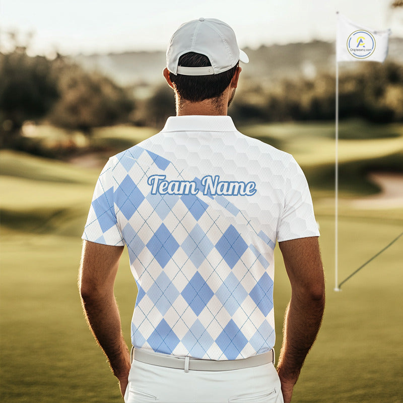 Personalized Blue White Argyle Plaid Pattern Mens Golf Polo Shirts, Blue Golf Tops For Mens NHT674