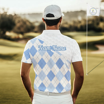 Personalized Blue White Argyle Plaid Pattern Mens Golf Polo Shirts, Blue Golf Tops For Mens NHT674
