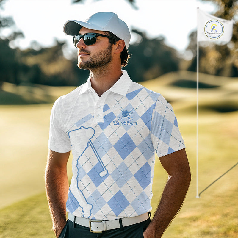 Personalized Blue White Argyle Plaid Pattern Mens Golf Polo Shirts, Blue Golf Tops For Mens NHT674