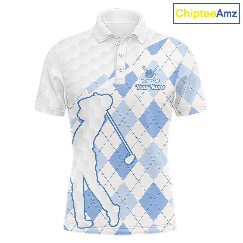 Personalized Blue White Argyle Plaid Pattern Mens Golf Polo Shirts, Blue Golf Tops For Mens NHT674