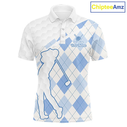 Personalized Blue White Argyle Plaid Pattern Mens Golf Polo Shirts, Blue Golf Tops For Mens NHT674