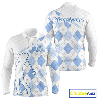 Personalized Blue White Argyle Plaid Pattern Mens Golf Polo Shirts, Blue Golf Tops For Mens NHT674