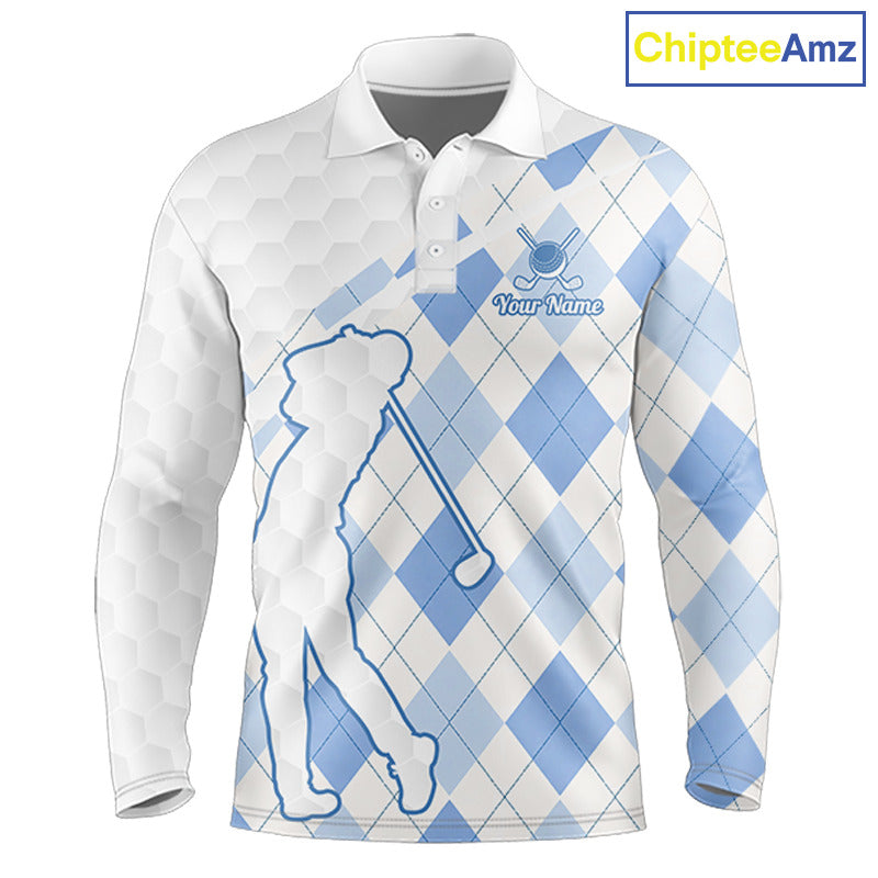 Personalized Blue White Argyle Plaid Pattern Mens Golf Polo Shirts, Blue Golf Tops For Mens NHT674