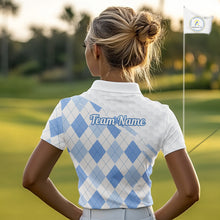 Load image into Gallery viewer, Personalized Blue White Argyle Plaid Pattern Womens Golf Polo Shirts, Blue Golf Tops For Womens NHT674