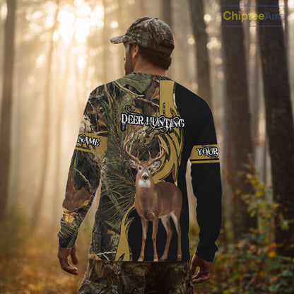 Deer Hunting 3D Black Camo Forest Custom Name All Over Print Shirt, Deer Hunting Gifts NHT208
