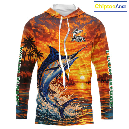 Personalized Marlin Fish Hooded Fishing Shirt Long Sleeve – Sunset Ocean Design NHT714