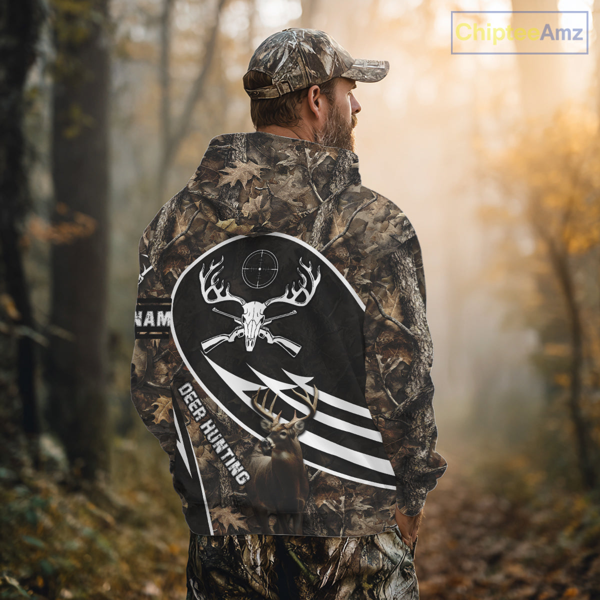 Skull Deer Hunting Hoodie and Sweatshirt – Brown Camo Gear with Custom Name for Hunters NHT345