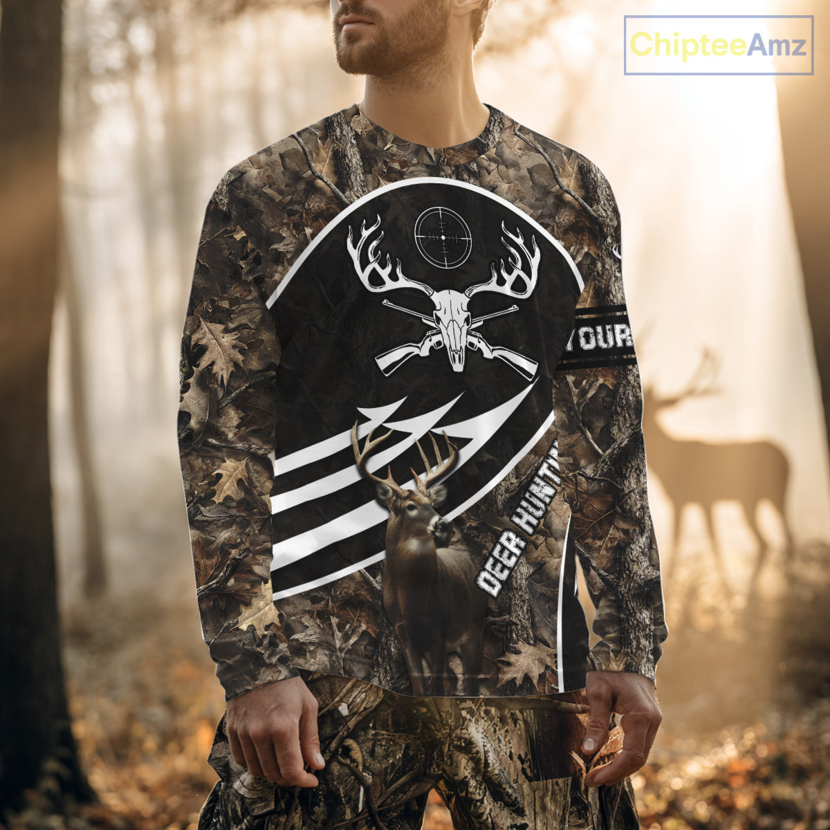 Skull Deer Hunting Hoodie and Sweatshirt – Brown Camo Gear with Custom Name for Hunters NHT345