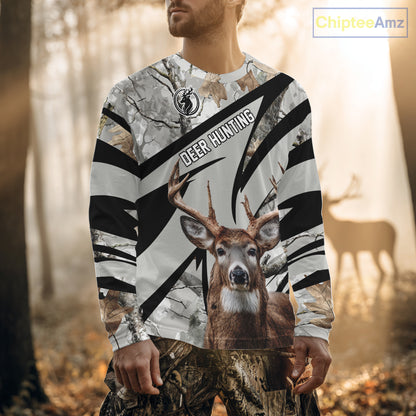 Best Deer Hunting Shirt 3D Gray Winter Camo Custom Name All Over Print Hunting Clothes NHT219