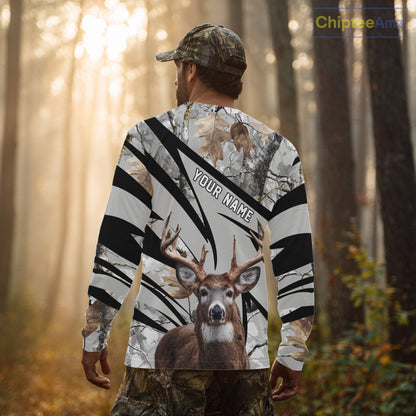 Best Deer Hunting Shirt 3D Gray Winter Camo Custom Name All Over Print Hunting Clothes NHT219