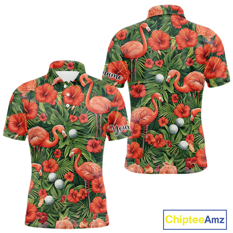 Custom Hibicus Flamingo Floral Golf Polo Shirts For Men, Flower Golf Team Shirts NHT540