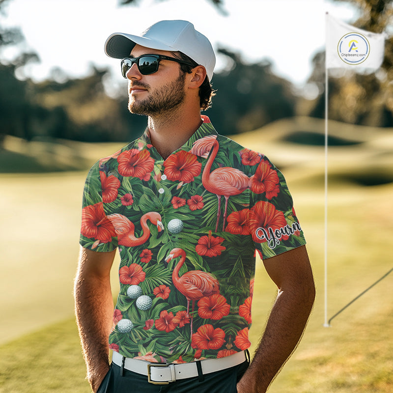 Custom Hibicus Flamingo Floral Golf Polo Shirts For Men, Flower Golf Team Shirts NHT540