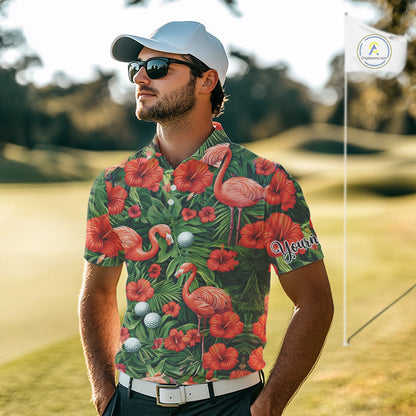 Custom Hibicus Flamingo Floral Golf Polo Shirts For Men, Flower Golf Team Shirts NHT540