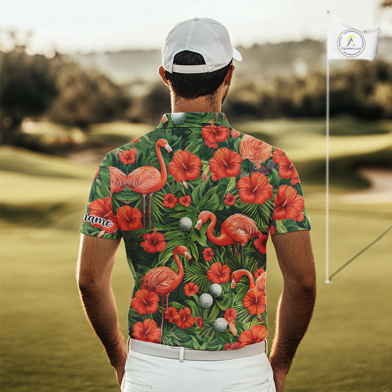 Custom Hibicus Flamingo Floral Golf Polo Shirts For Men, Flower Golf Team Shirts NHT540