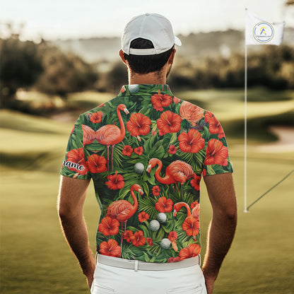 Custom Hibicus Flamingo Floral Golf Polo Shirts For Men, Flower Golf Team Shirts NHT540