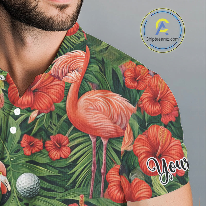 Custom Hibicus Flamingo Floral Golf Polo Shirts For Men, Flower Golf Team Shirts NHT540
