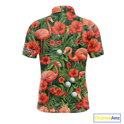 Custom Hibicus Flamingo Floral Golf Polo Shirts For Men, Flower Golf Team Shirts NHT540