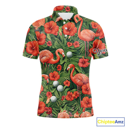 Custom Hibicus Flamingo Floral Golf Polo Shirts For Men, Flower Golf Team Shirts NHT540