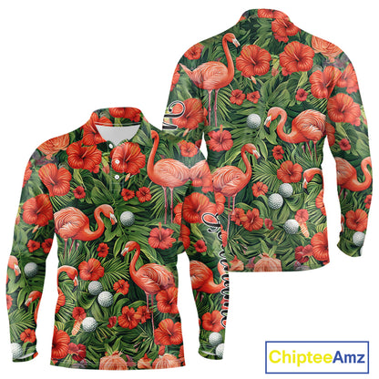 Custom Hibicus Flamingo Floral Golf Polo Shirts For Men, Flower Golf Team Shirts NHT540