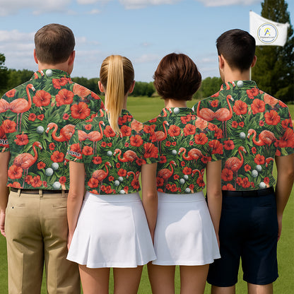 Custom Hibicus Flamingo Floral Golf Polo Shirts For Men, Flower Golf Team Shirts NHT540