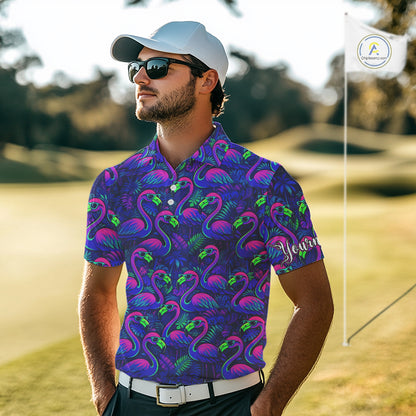 Mens Golf Polo Shirt Neon Flamingos Tropical Pattern Custom Name, Golfing Gifts NHT557