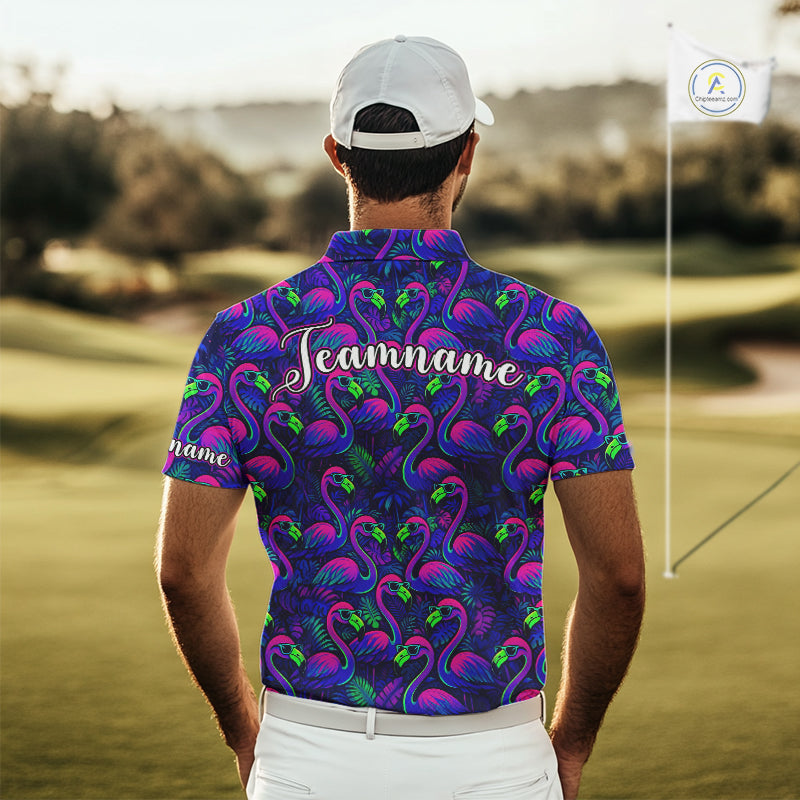 Mens Golf Polo Shirt Neon Flamingos Tropical Pattern Custom Name, Golfing Gifts NHT557