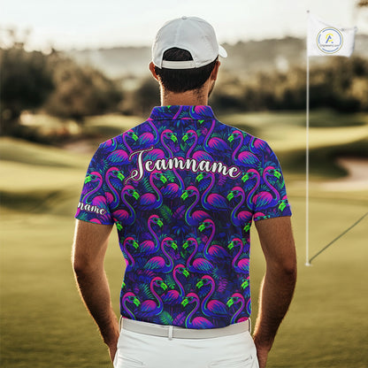 Mens Golf Polo Shirt Neon Flamingos Tropical Pattern Custom Name, Golfing Gifts NHT557