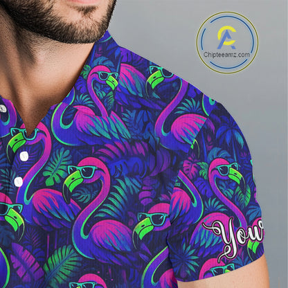 Mens Golf Polo Shirt Neon Flamingos Tropical Pattern Custom Name, Golfing Gifts NHT557