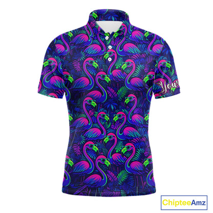 Mens Golf Polo Shirt Neon Flamingos Tropical Pattern Custom Name, Golfing Gifts NHT557