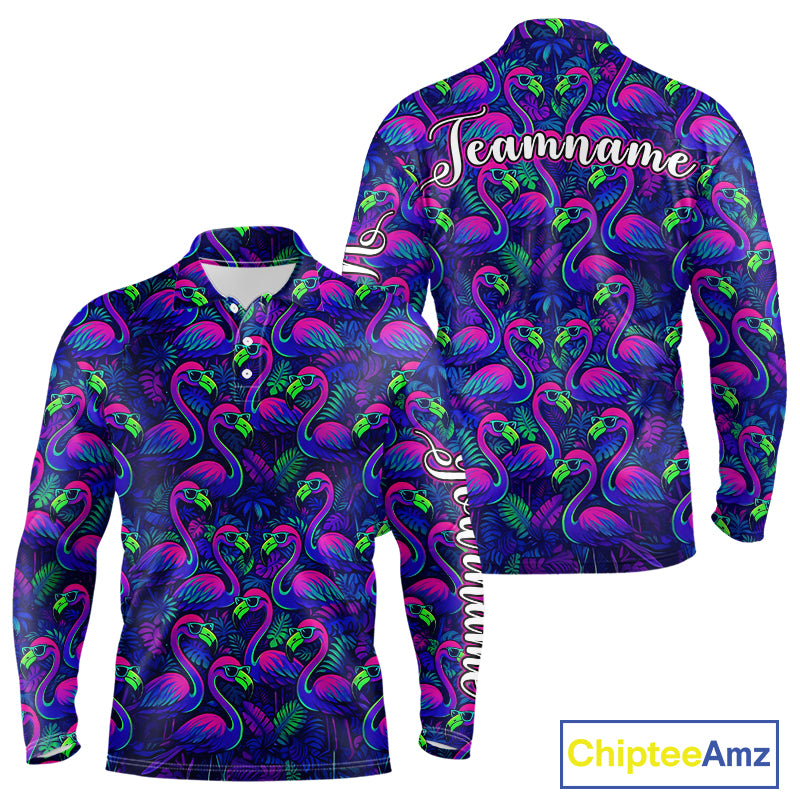 Mens Golf Polo Shirt Neon Flamingos Tropical Pattern Custom Name, Golfing Gifts NHT557