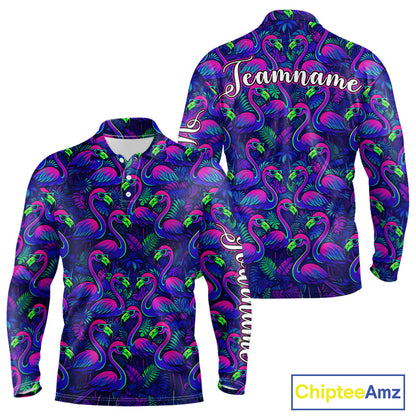 Mens Golf Polo Shirt Neon Flamingos Tropical Pattern Custom Name, Golfing Gifts NHT557