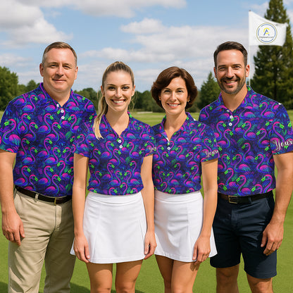 Mens Golf Polo Shirt Neon Flamingos Tropical Pattern Custom Name, Golfing Gifts NHT557