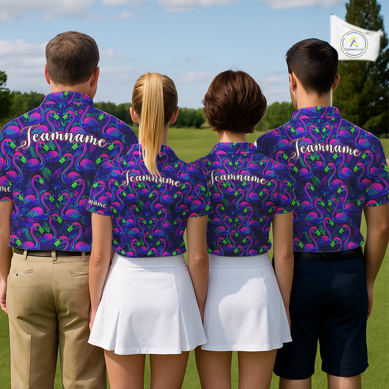 Mens Golf Polo Shirt Neon Flamingos Tropical Pattern Custom Name, Golfing Gifts NHT557