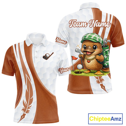 Funny Mens Golf Polo Shirt Custom Brown And White Platypus Pattern White Golf Shirts NHT576