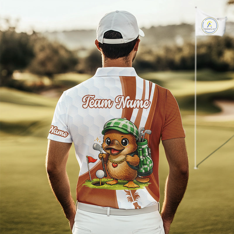 Funny Mens Golf Polo Shirt Custom Brown And White Platypus Pattern White Golf Shirts NHT576