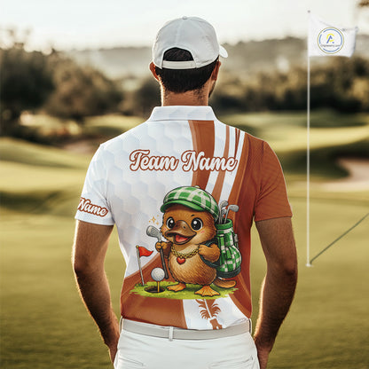 Funny Mens Golf Polo Shirt Custom Brown And White Platypus Pattern White Golf Shirts NHT576